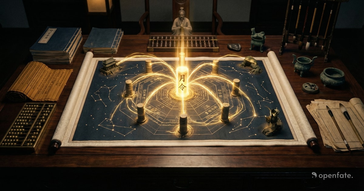 Cyberpunk metaphysical diagram showing Bazi Yue Ling Month Command and Seasonal Climate structures.